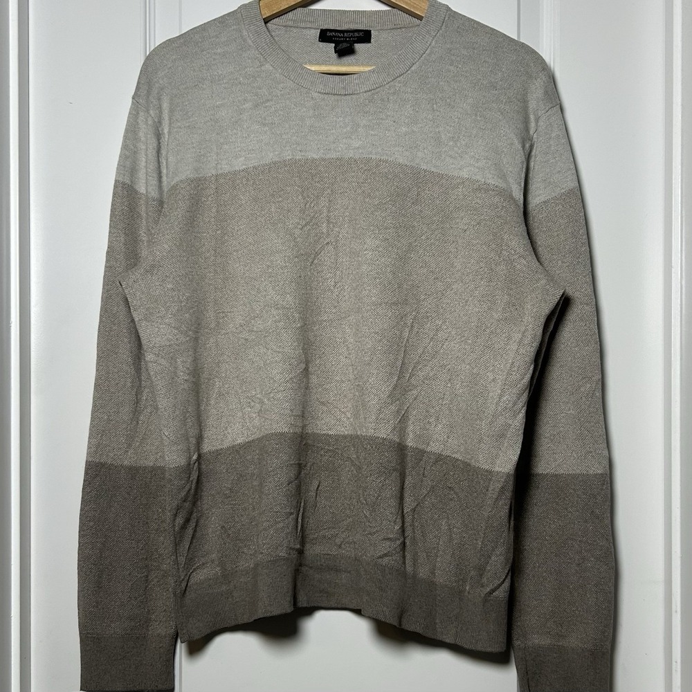 Banana Republic Luxury Silk Cashmere‎ Cotton Blend Gray Stripe Crewneck Sweater